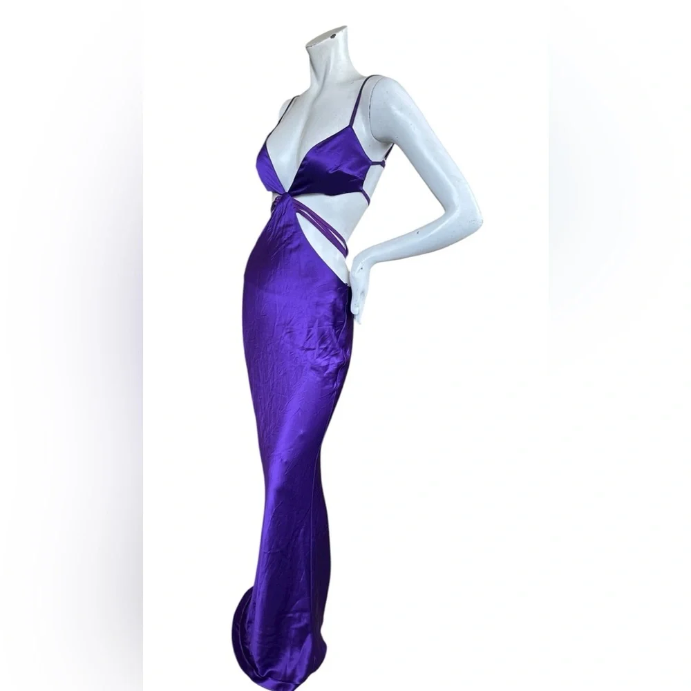 Retrofete Selma Slinky Satin Purple Cutout Low Cut Maxi Gown Size Small